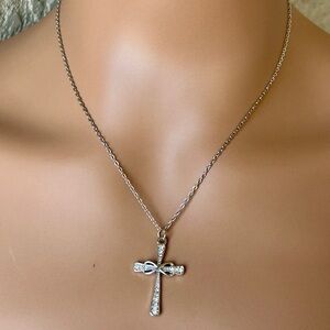 Delicate Silver Cross Pendant Necklace With Rhinestone Accents